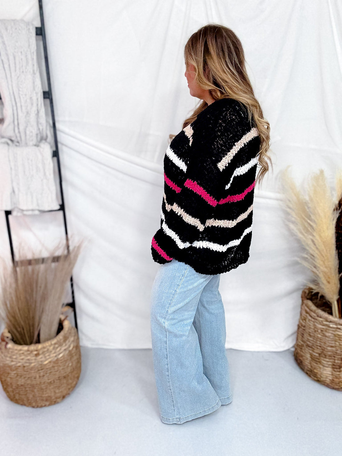 Black Open Knit Top With Pink & Tan Stripes - Whiskey Skies - ANDREE BY UNIT