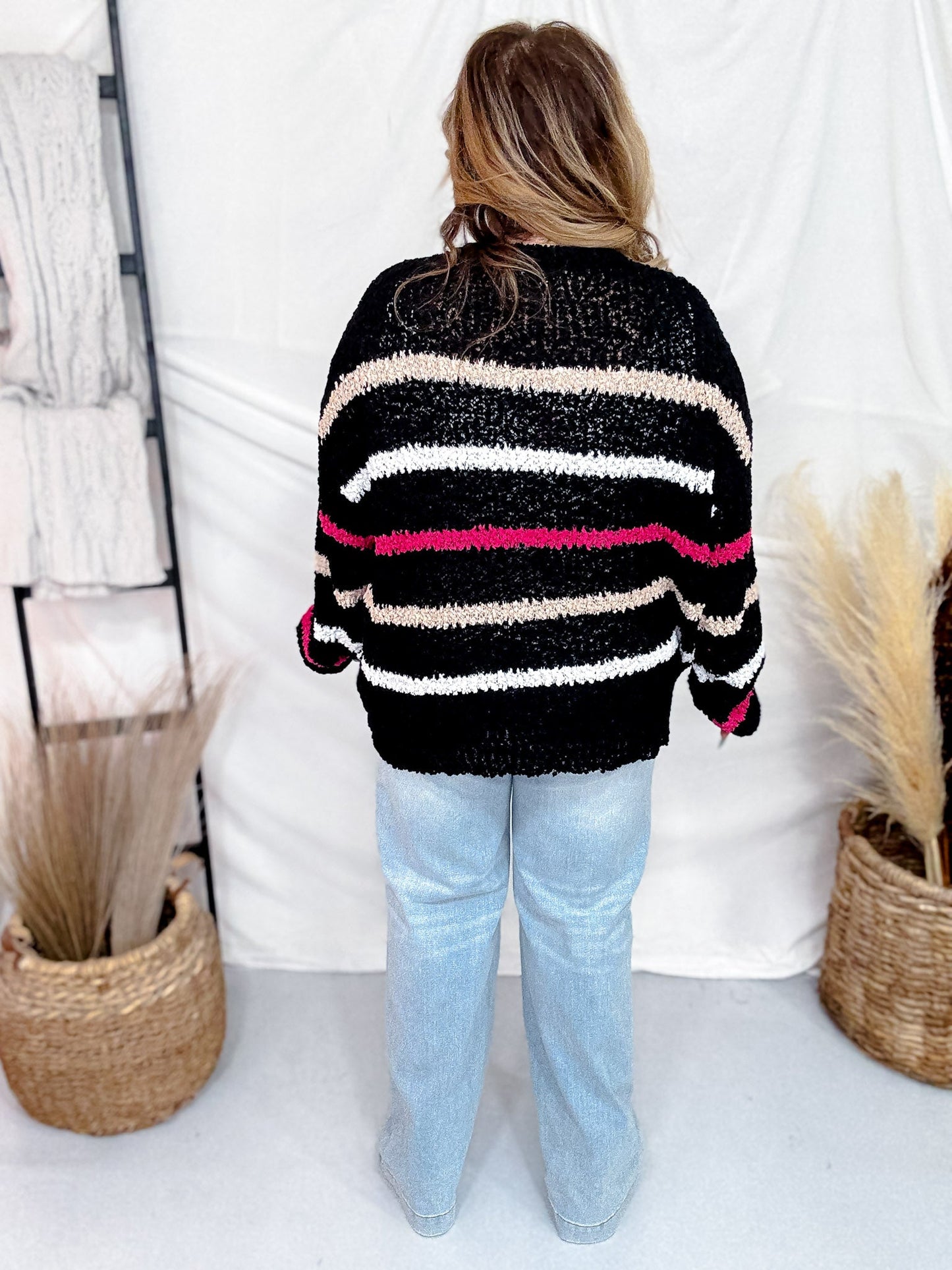 Black Open Knit Top With Pink & Tan Stripes - Whiskey Skies - ANDREE BY UNIT