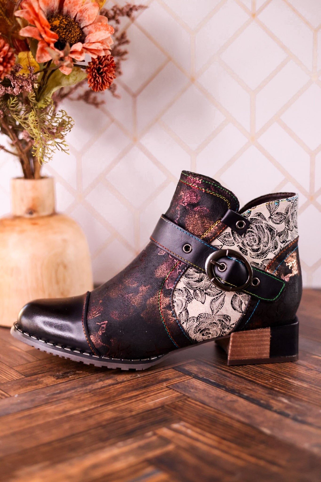 Black Painted & Embossed Leather Ankle Boots - Whiskey Skies - SPRING FOOTWEAR