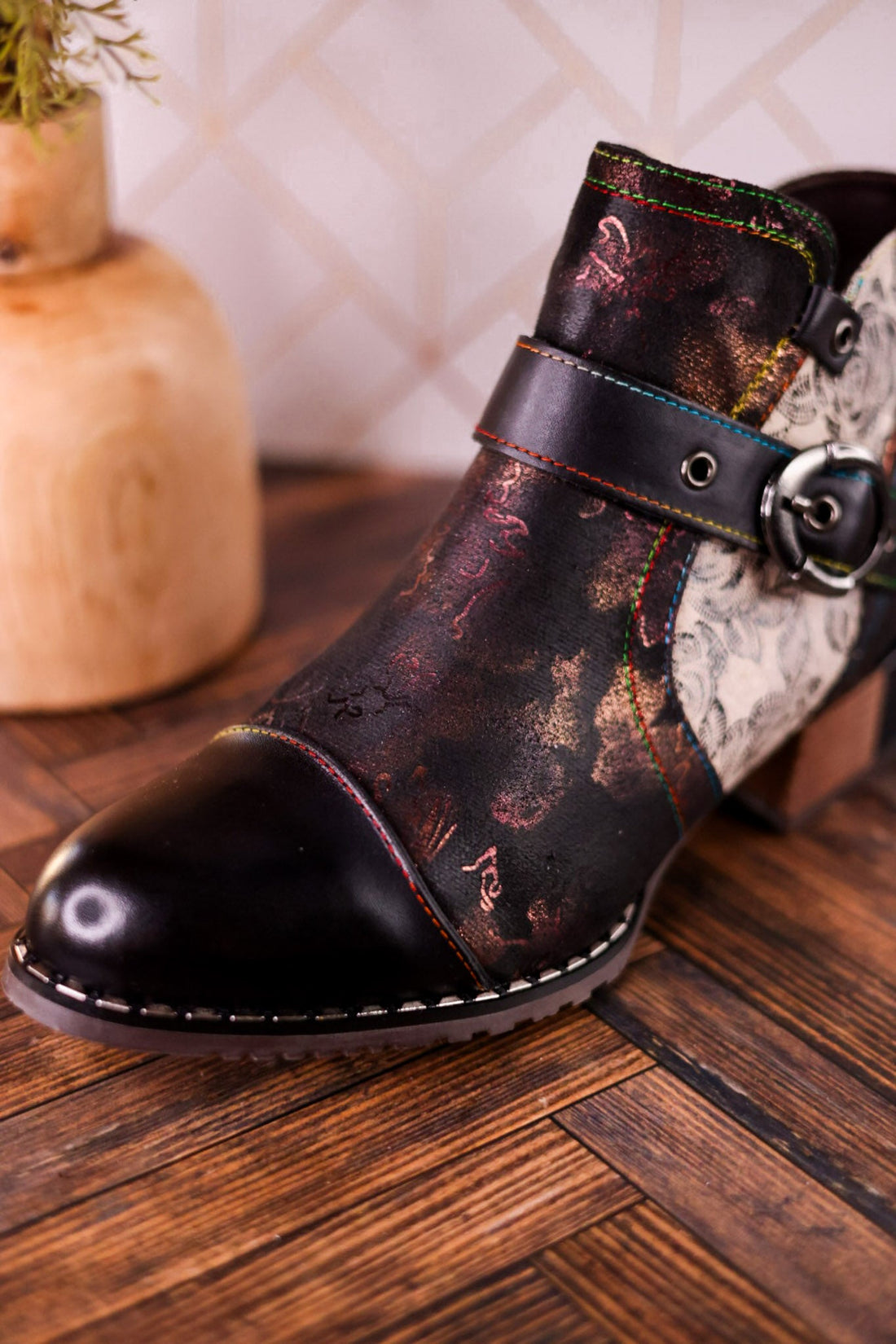 Black Painted & Embossed Leather Ankle Boots - Whiskey Skies - SPRING FOOTWEAR