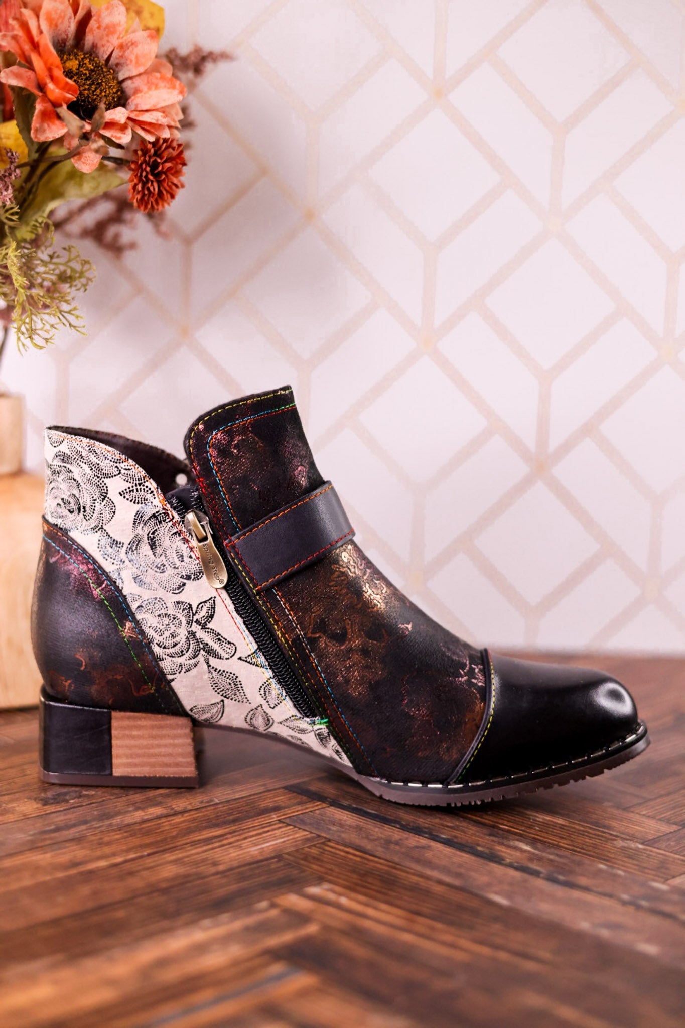 Black Painted & Embossed Leather Ankle Boots - Whiskey Skies - SPRING FOOTWEAR