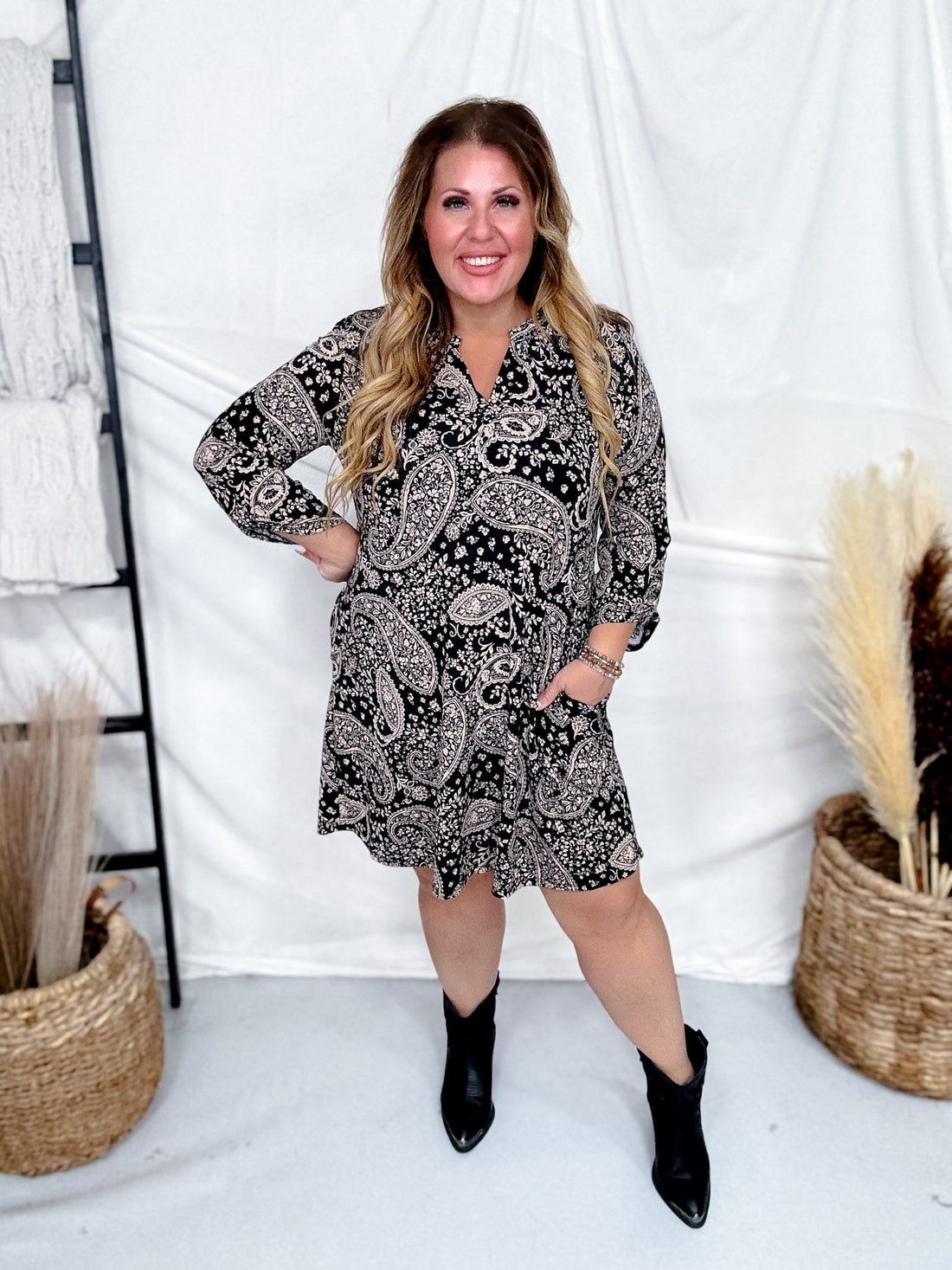Black Paisley Print Long Sleeve A - Line Dress - Whiskey Skies - DEAR SCARLETT