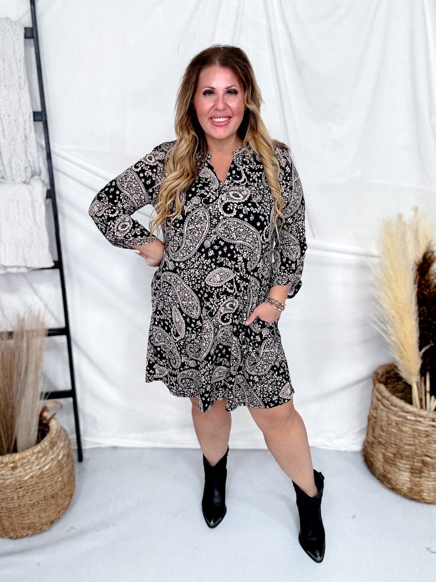 Black Paisley Print Long Sleeve A - Line Dress - Whiskey Skies - DEAR SCARLETT