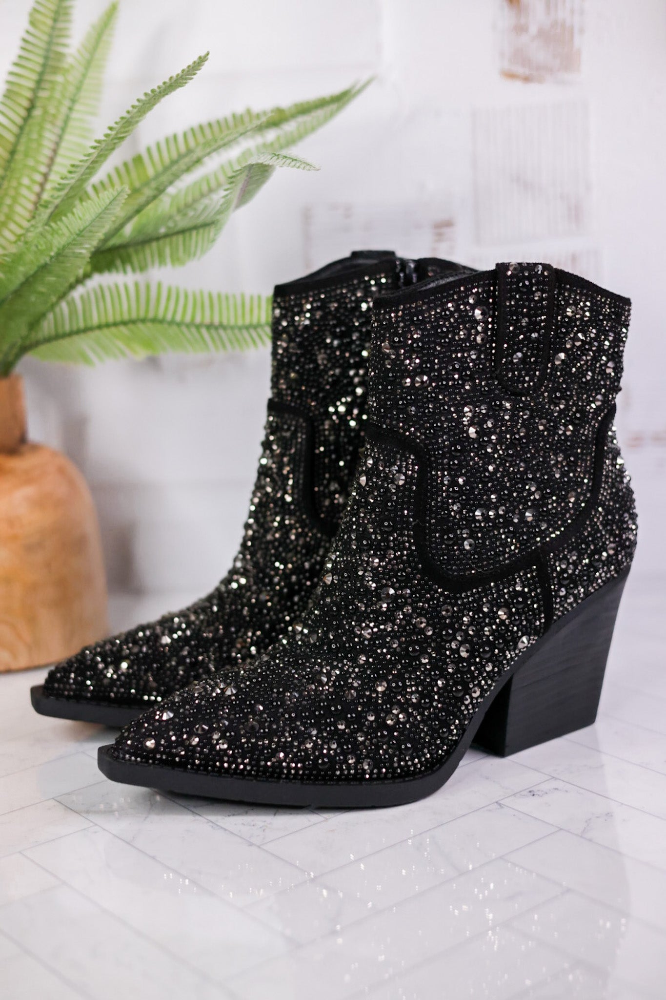 Black Pearl Rhinestone Ankle Boots Whiskey Skies