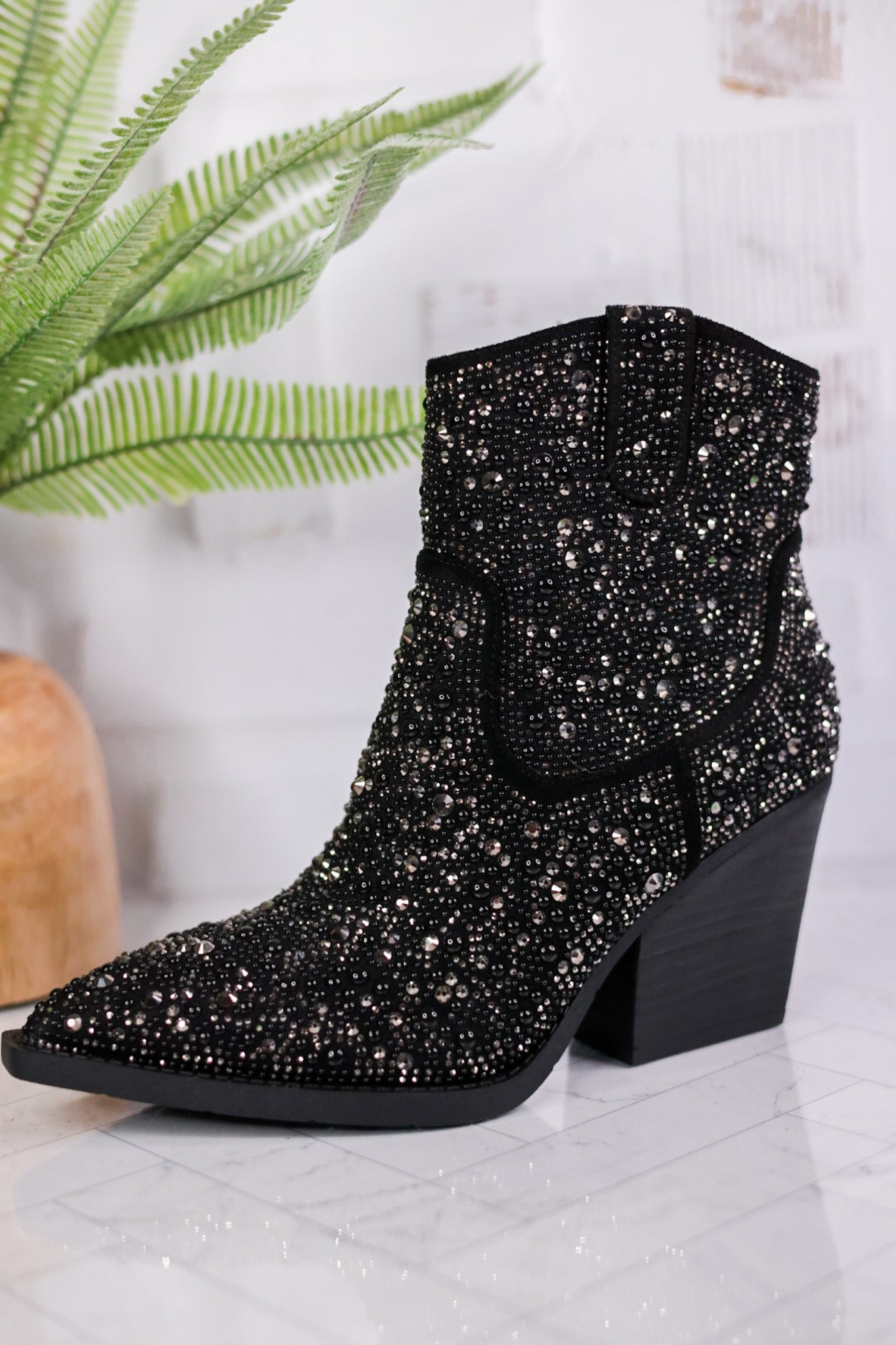 Black Pearl Rhinestone Ankle Boots