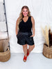 Black Pho Leather Shorts W/ Pockets & Ruffled Waistline - Whiskey Skies - GEEGEE