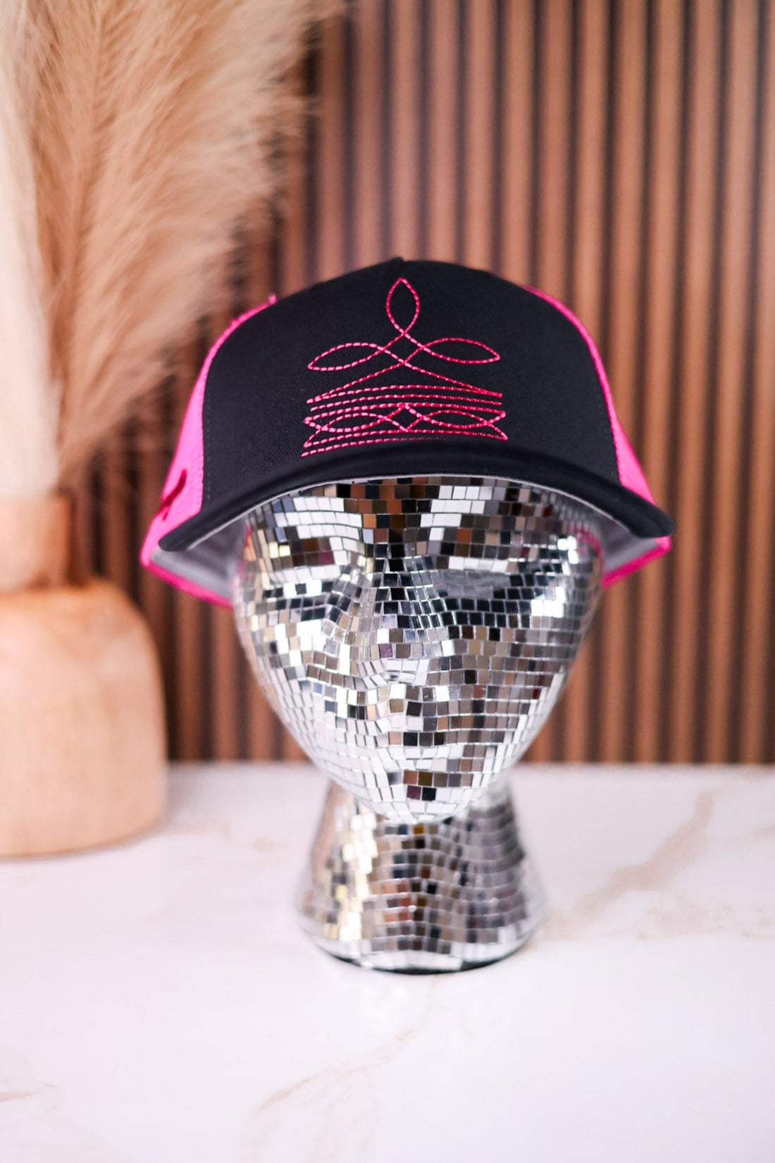 Black & Pink Bootstitch Licensed Wrangler Trucker Hat - Whiskey Skies - CAPX