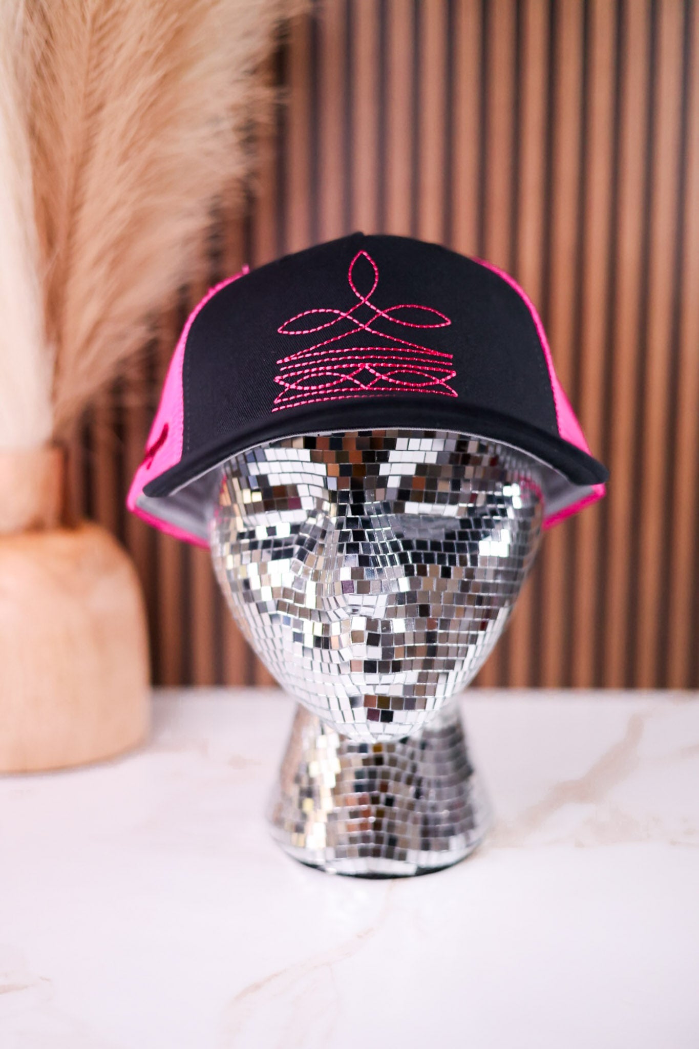 Black & Pink Bootstitch Licensed Wrangler Trucker Hat - Whiskey Skies - CAPX