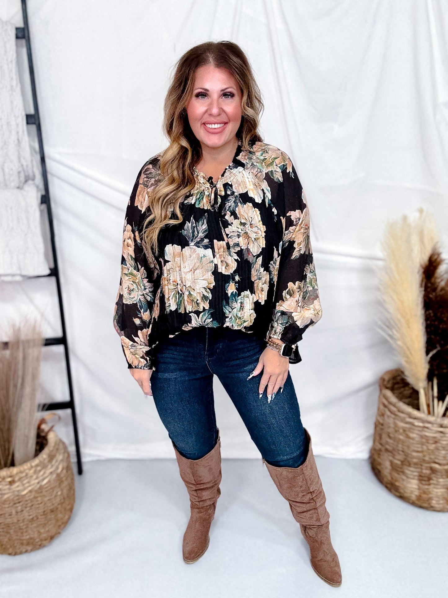 Black Pleated Floral Tie Neck Blouse - Whiskey Skies - HAYDEN