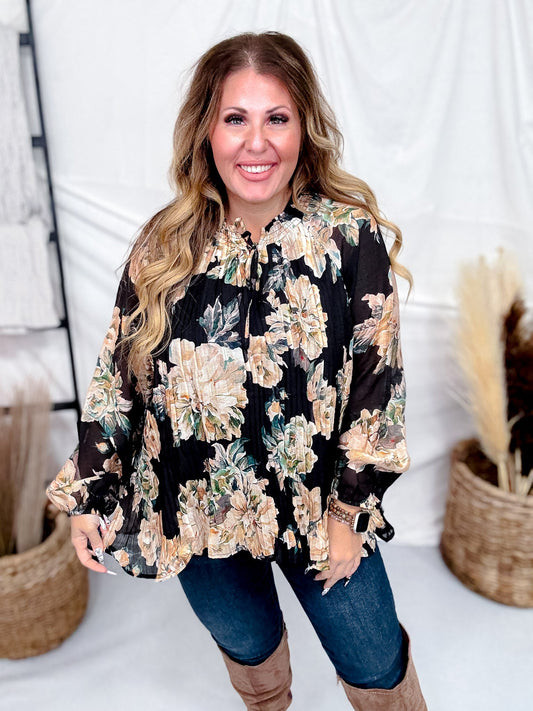 Black Pleated Floral Tie Neck Blouse - Whiskey Skies - HAYDEN