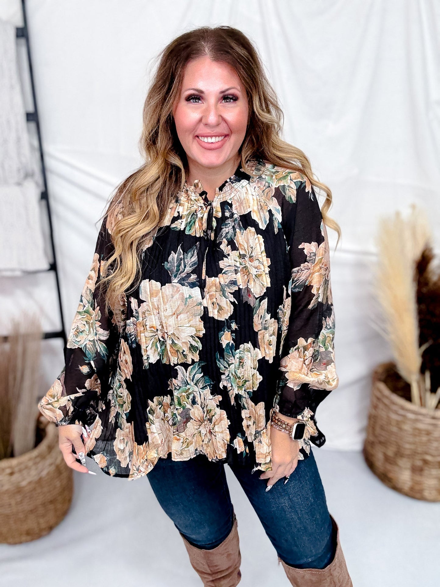 Black Pleated Floral Tie Neck Blouse - Whiskey Skies - HAYDEN