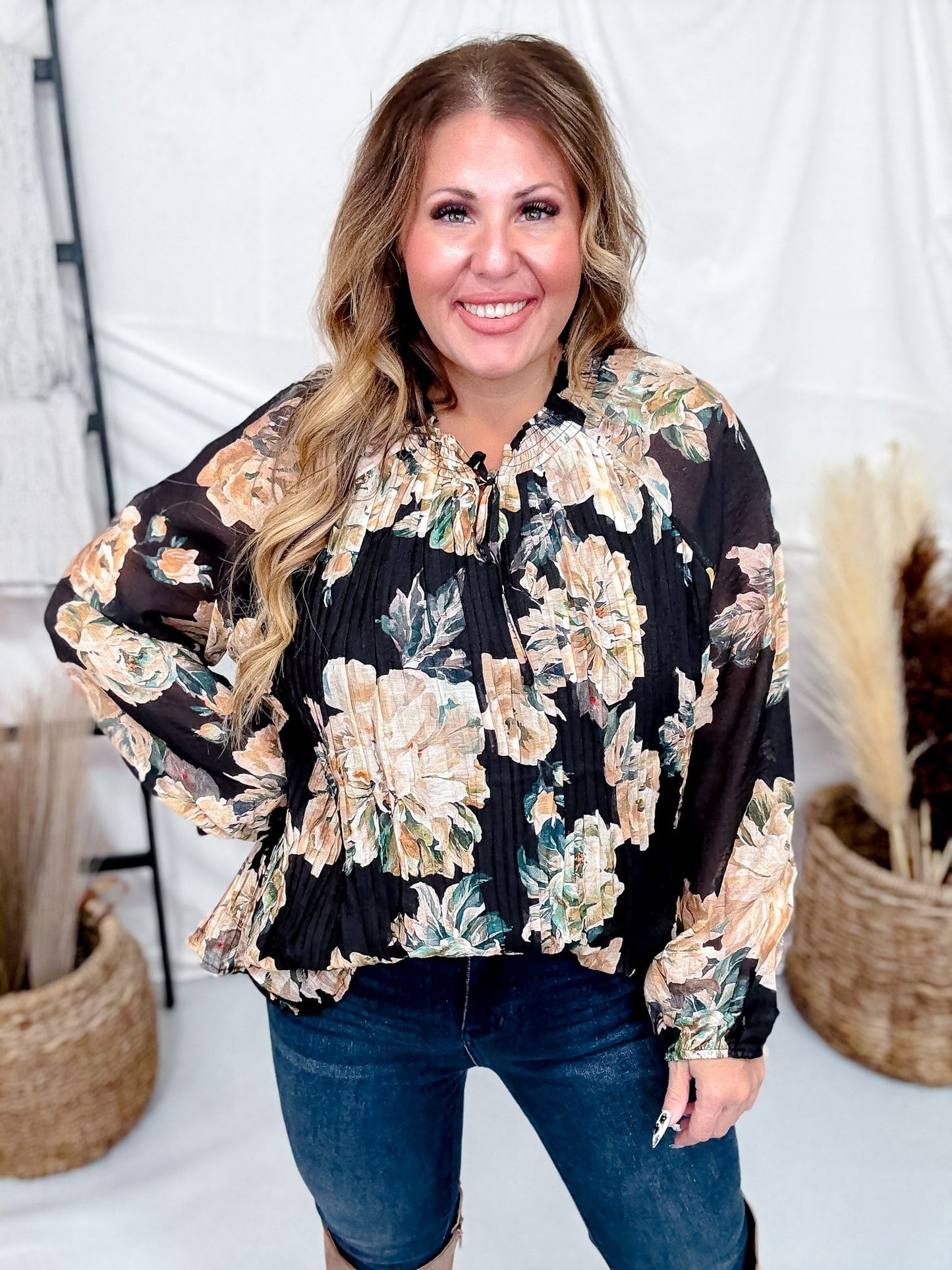 Black Pleated Floral Tie Neck Blouse - Whiskey Skies - HAYDEN