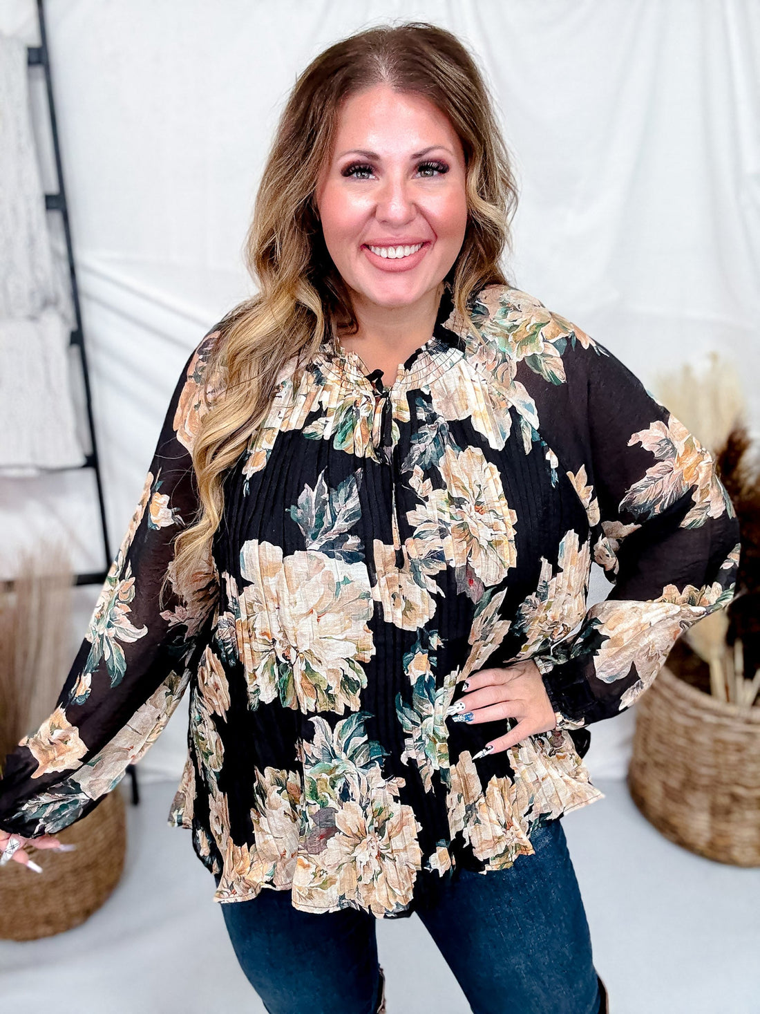 Black Pleated Floral Tie Neck Blouse - Whiskey Skies - HAYDEN