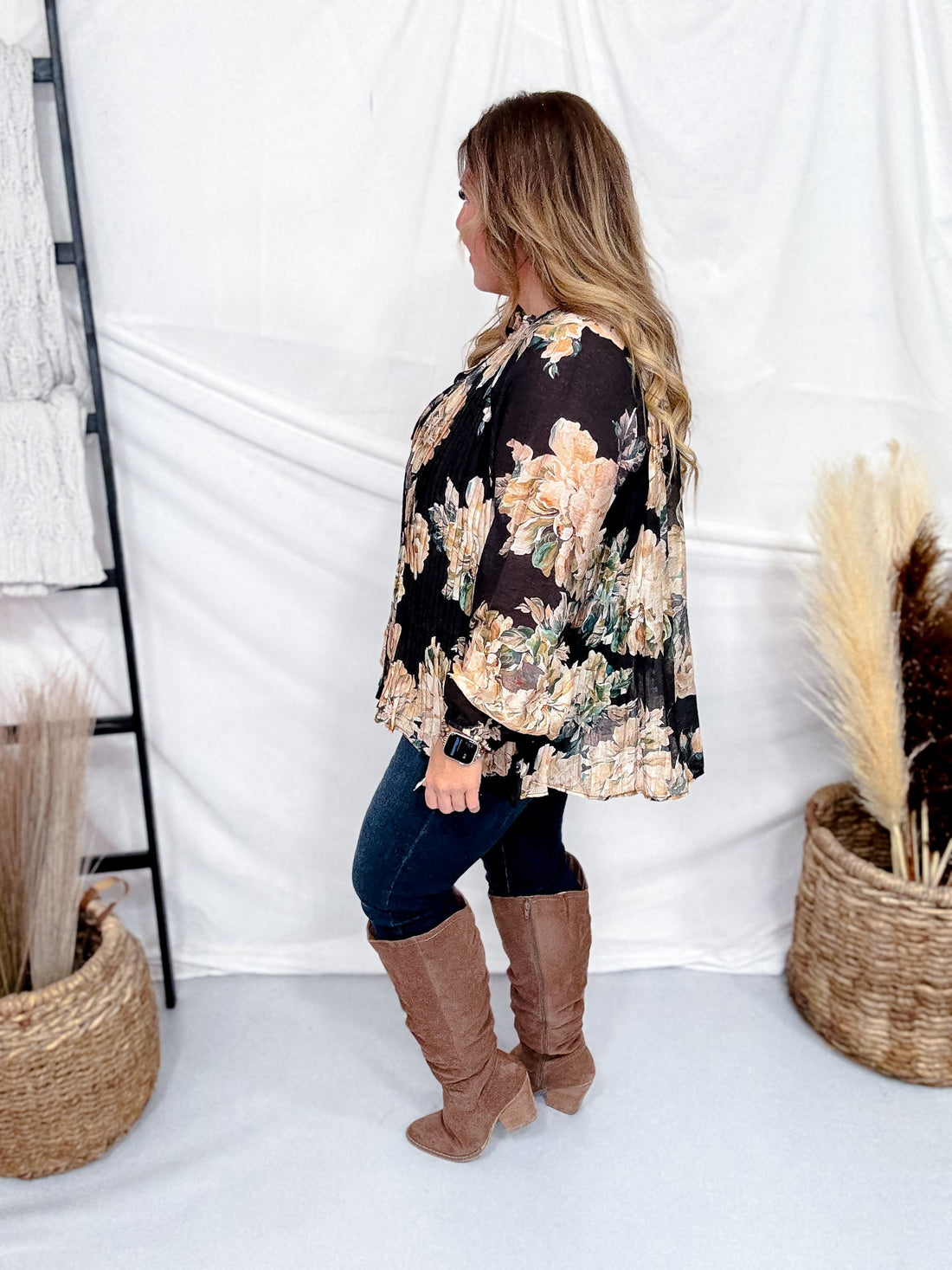 Black Pleated Floral Tie Neck Blouse - Whiskey Skies - HAYDEN