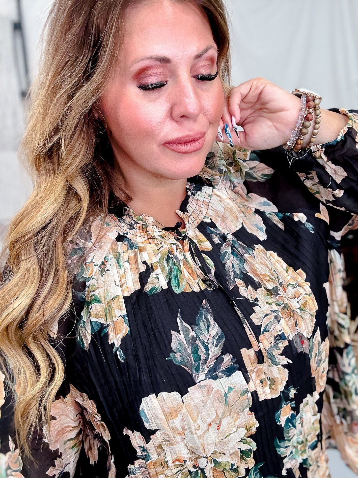 Black Pleated Floral Tie Neck Blouse - Whiskey Skies - HAYDEN