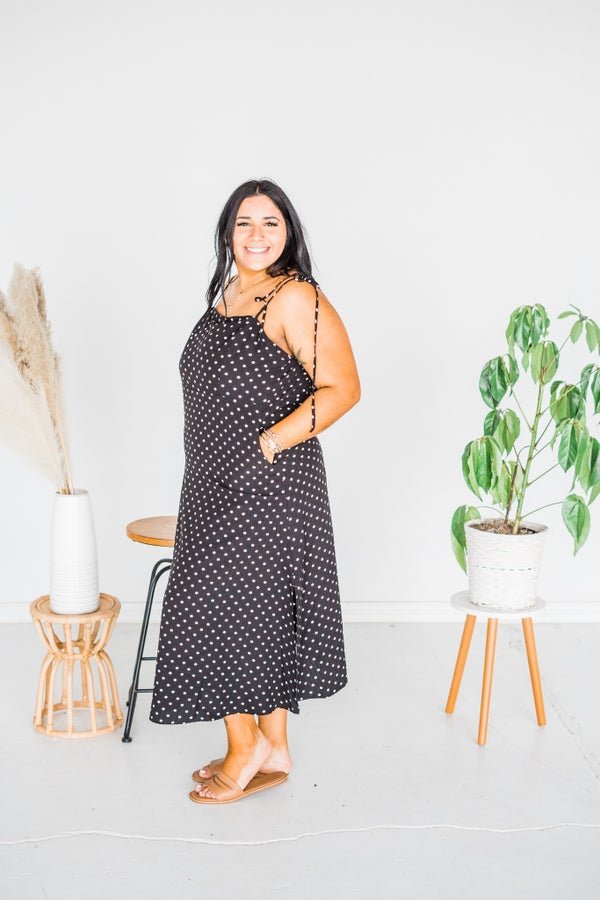 Black Polka Dot Tie Spaghetti Strap Maxi Dress - Whiskey Skies - J.NNA