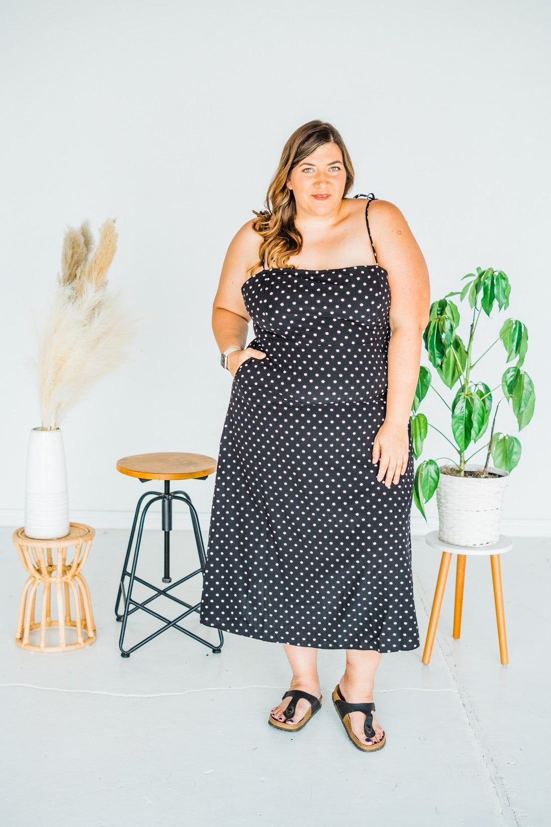 Black Polka Dot Tie Spaghetti Strap Maxi Dress - Whiskey Skies - J.NNA