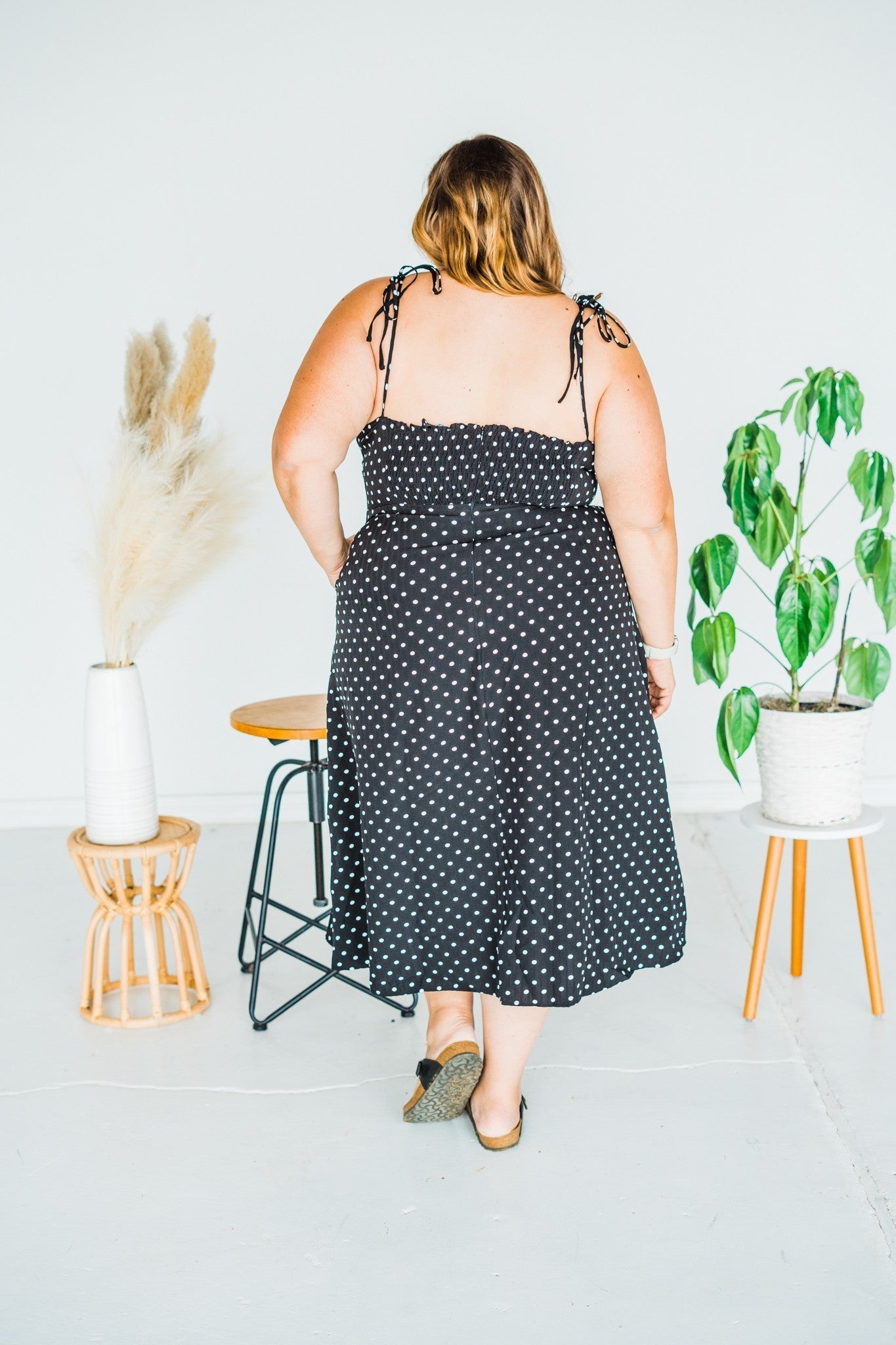 Black Polka Dot Tie Spaghetti Strap Maxi Dress - Whiskey Skies - J.NNA