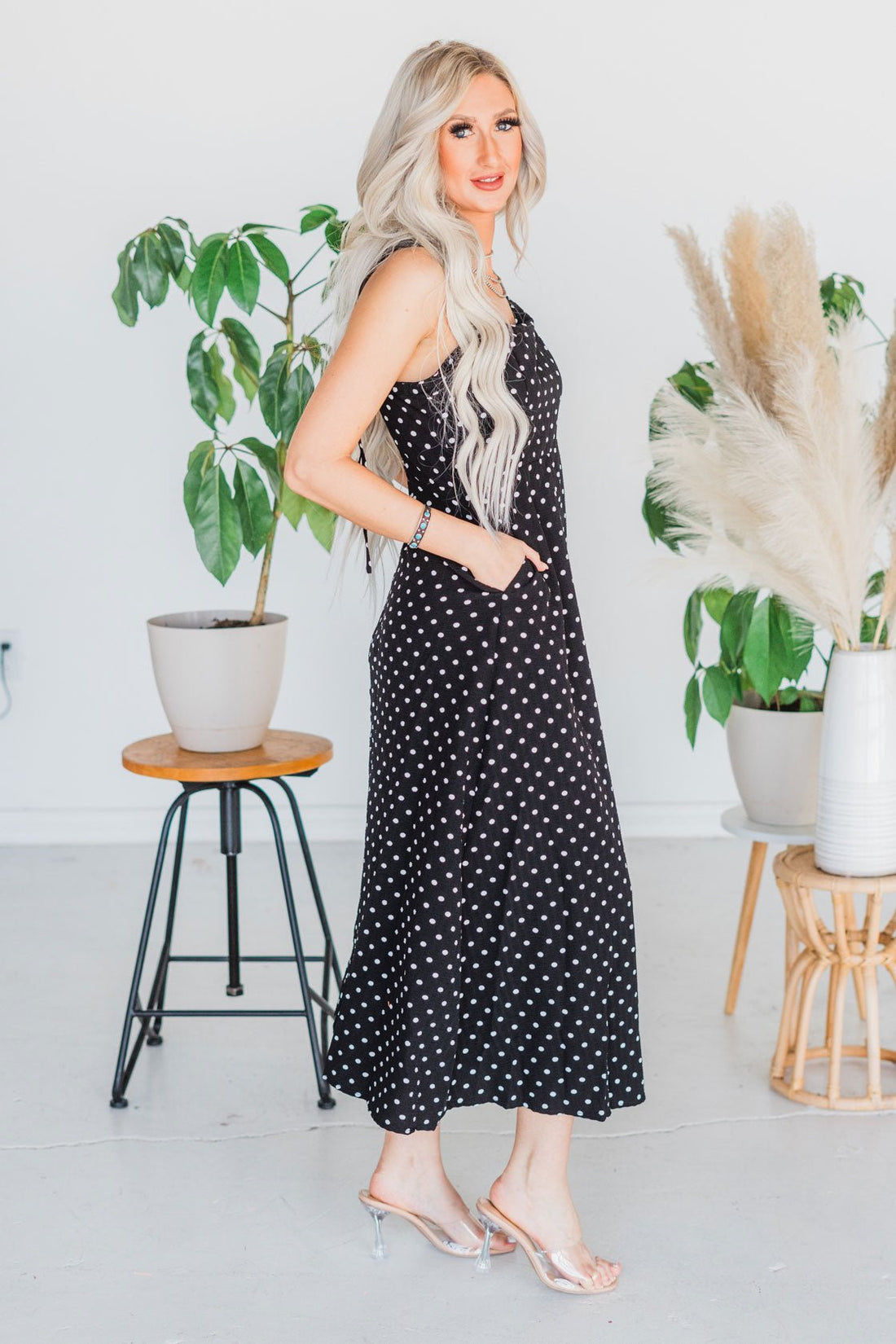 Black Polka Dot Tie Spaghetti Strap Maxi Dress - Whiskey Skies - J.NNA