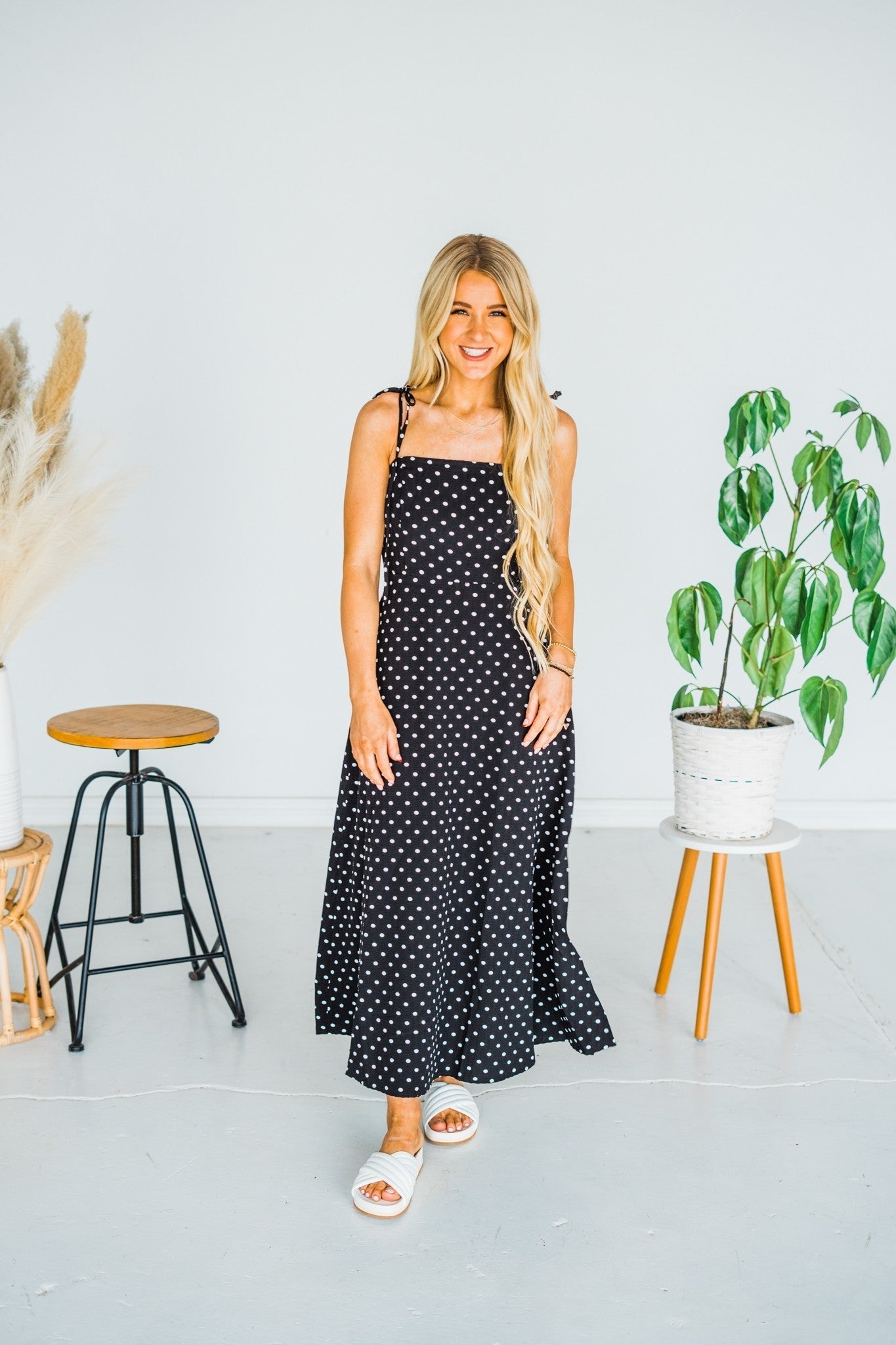 Black Polka Dot Tie Spaghetti Strap Maxi Dress - Whiskey Skies - J.NNA