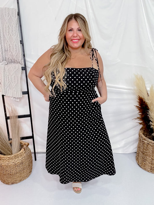 Black Polka Dot Tie Spaghetti Strap Maxi Dress - Whiskey Skies - J.NNA