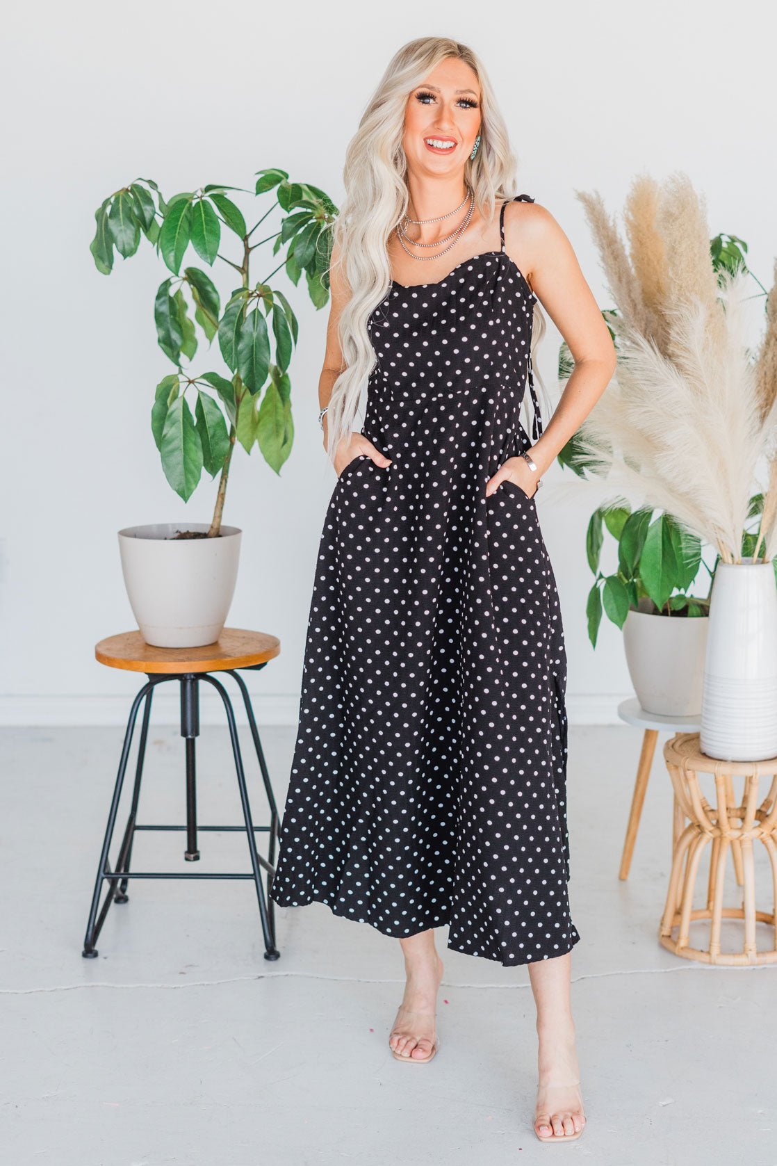 Black Polka Dot Tie Spaghetti Strap Maxi Dress - Whiskey Skies - J.NNA