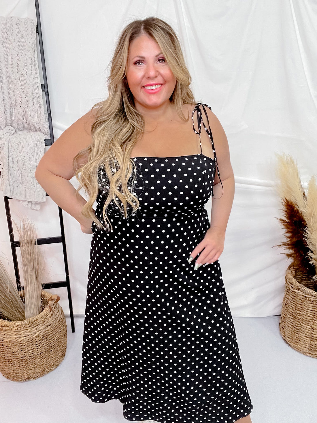 Black Polka Dot Tie Spaghetti Strap Maxi Dress - Whiskey Skies - J.NNA