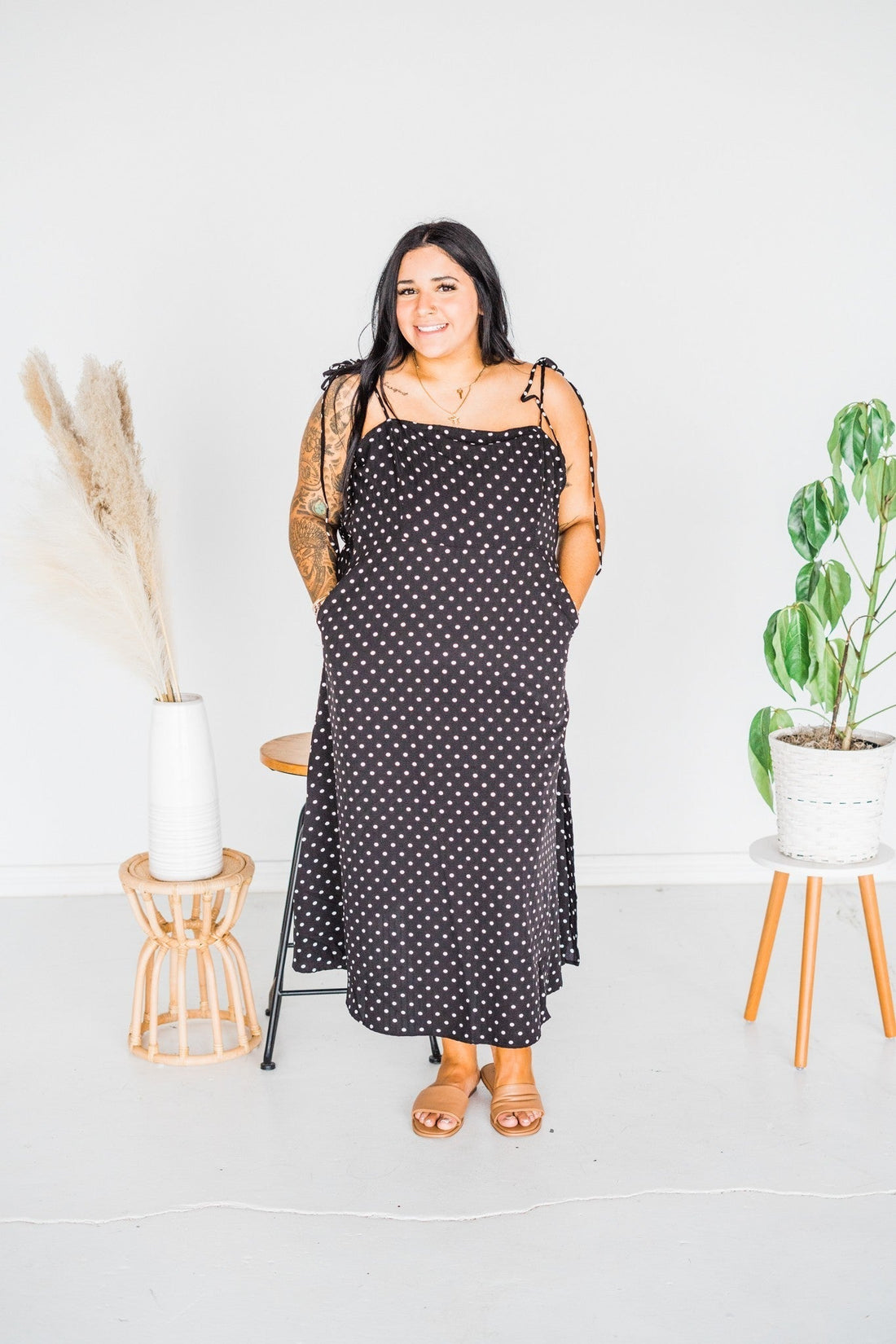 Black Polka Dot Tie Spaghetti Strap Maxi Dress - Whiskey Skies - J.NNA