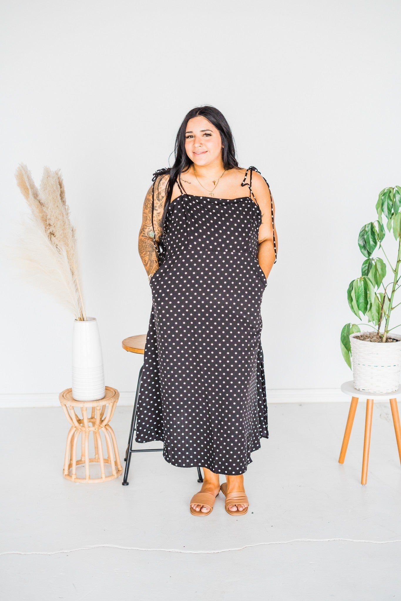 Black Polka Dot Tie Spaghetti Strap Maxi Dress - Whiskey Skies - J.NNA