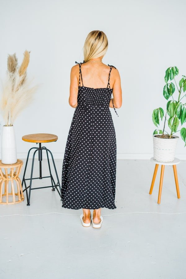 Black Polka Dot Tie Spaghetti Strap Maxi Dress - Whiskey Skies - J.NNA