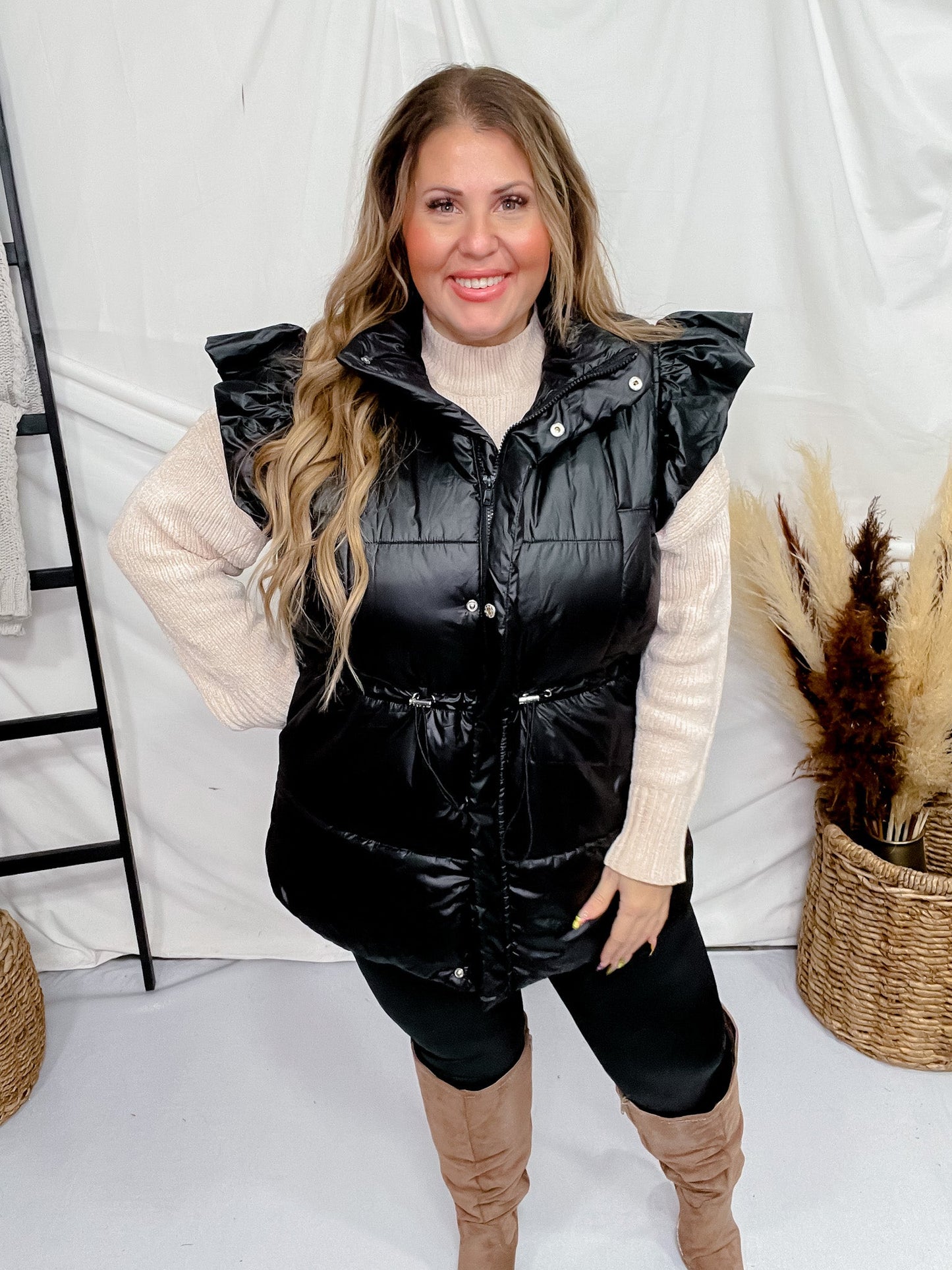 Black Puffer Vest with Drawstring Waist - Whiskey Skies - ODDI