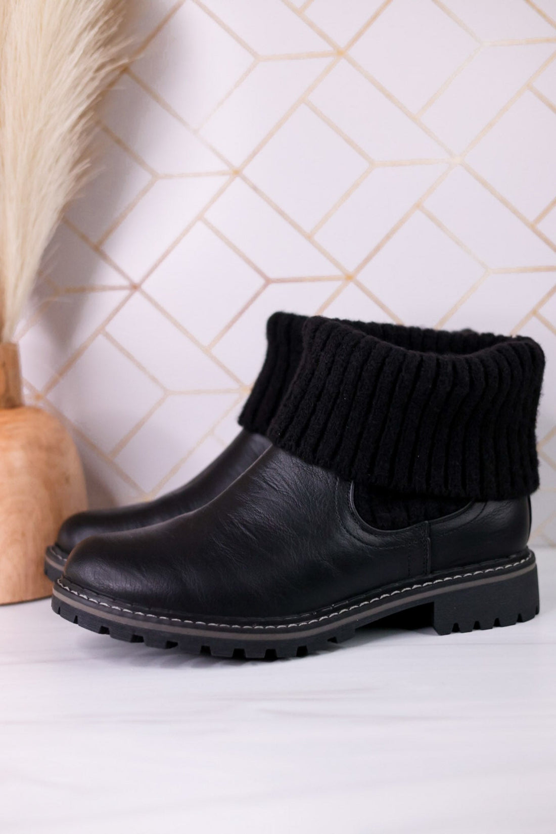 Black Quiver Ankle Booties With Sweater Cuff - Whiskey Skies - CORKYS FOOTWEAR