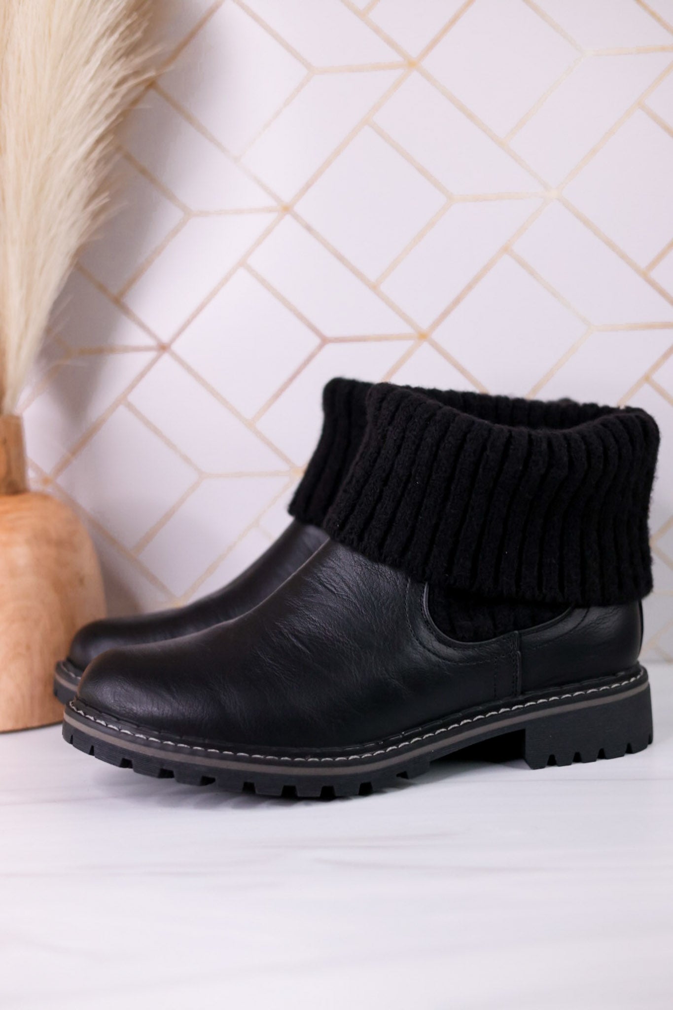 Black Quiver Ankle Booties With Sweater Cuff - Whiskey Skies - CORKYS FOOTWEAR