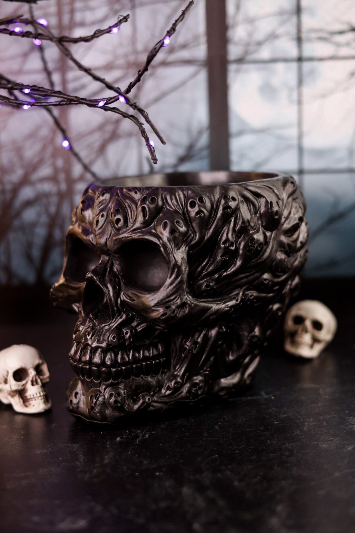 Black Resin Ghost Face Skull Bowl - Whiskey Skies - K&K INTERIORS
