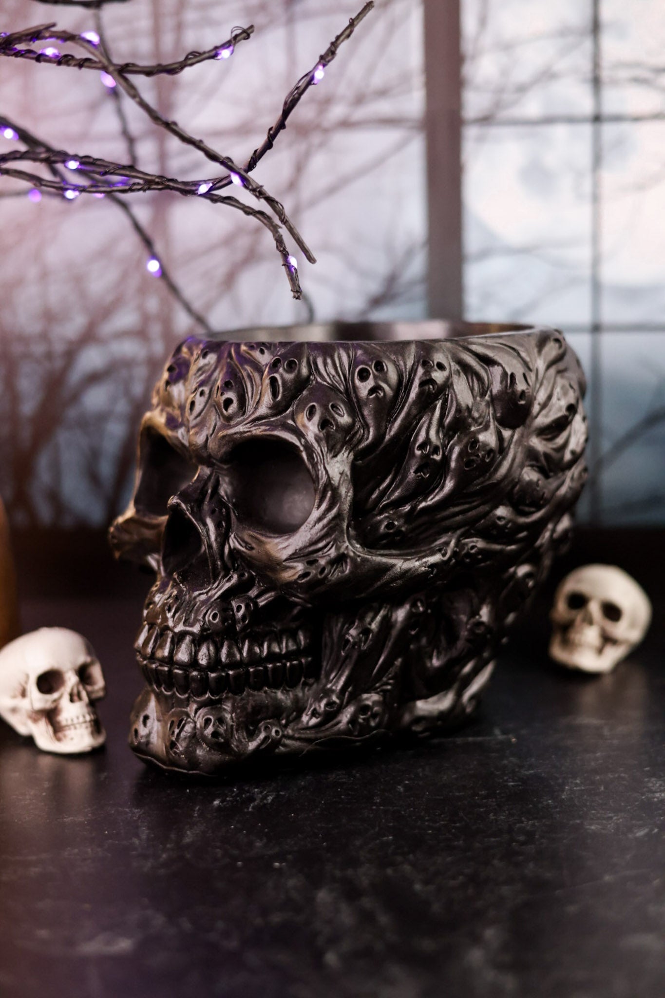 Black Resin Ghost Face Skull Bowl - Whiskey Skies - K&K INTERIORS