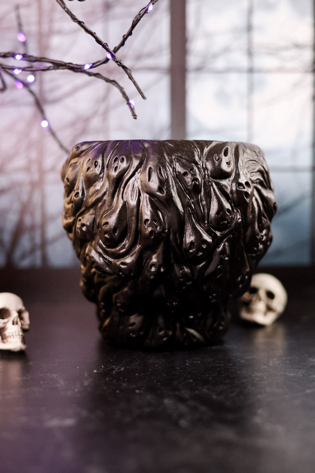 Black Resin Ghost Face Skull Bowl - Whiskey Skies - K&K INTERIORS