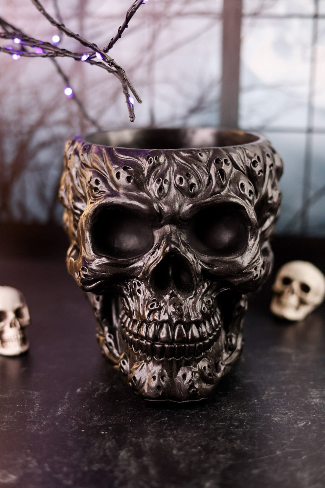 Black Resin Ghost Face Skull Bowl - Whiskey Skies - K&K INTERIORS