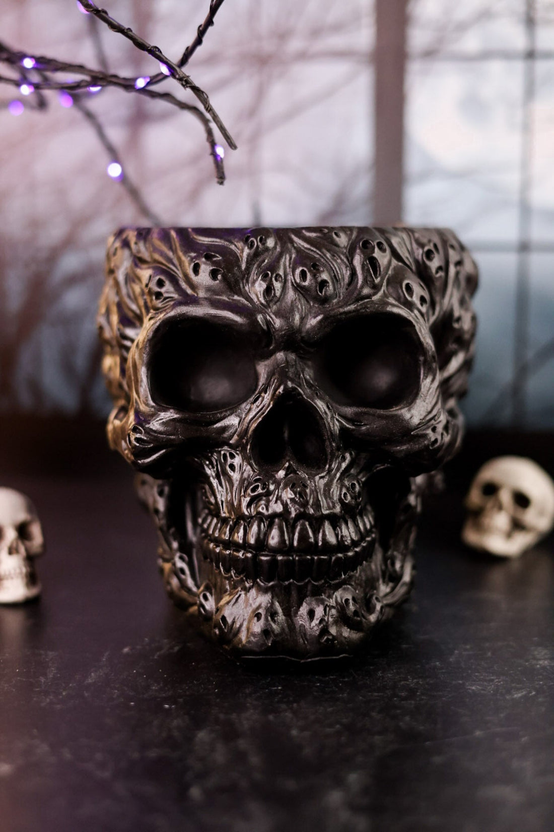 Black Resin Ghost Face Skull Bowl - Whiskey Skies - K&K INTERIORS