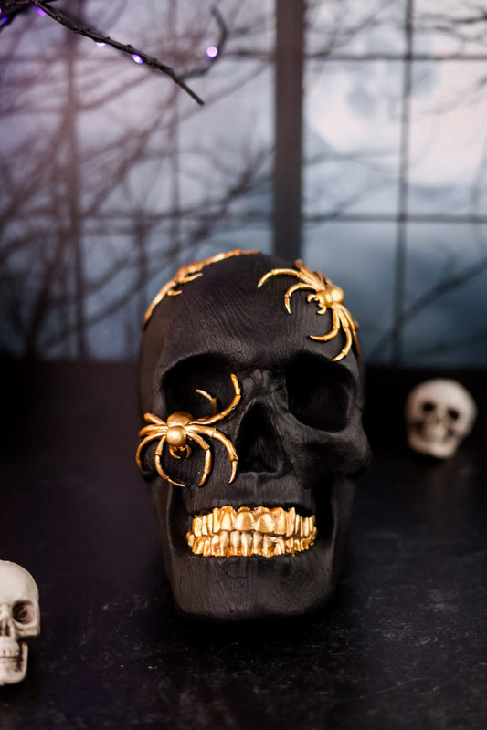 Black Resin Skull With Gold Spiders - Whiskey Skies - K&K INTERIORS
