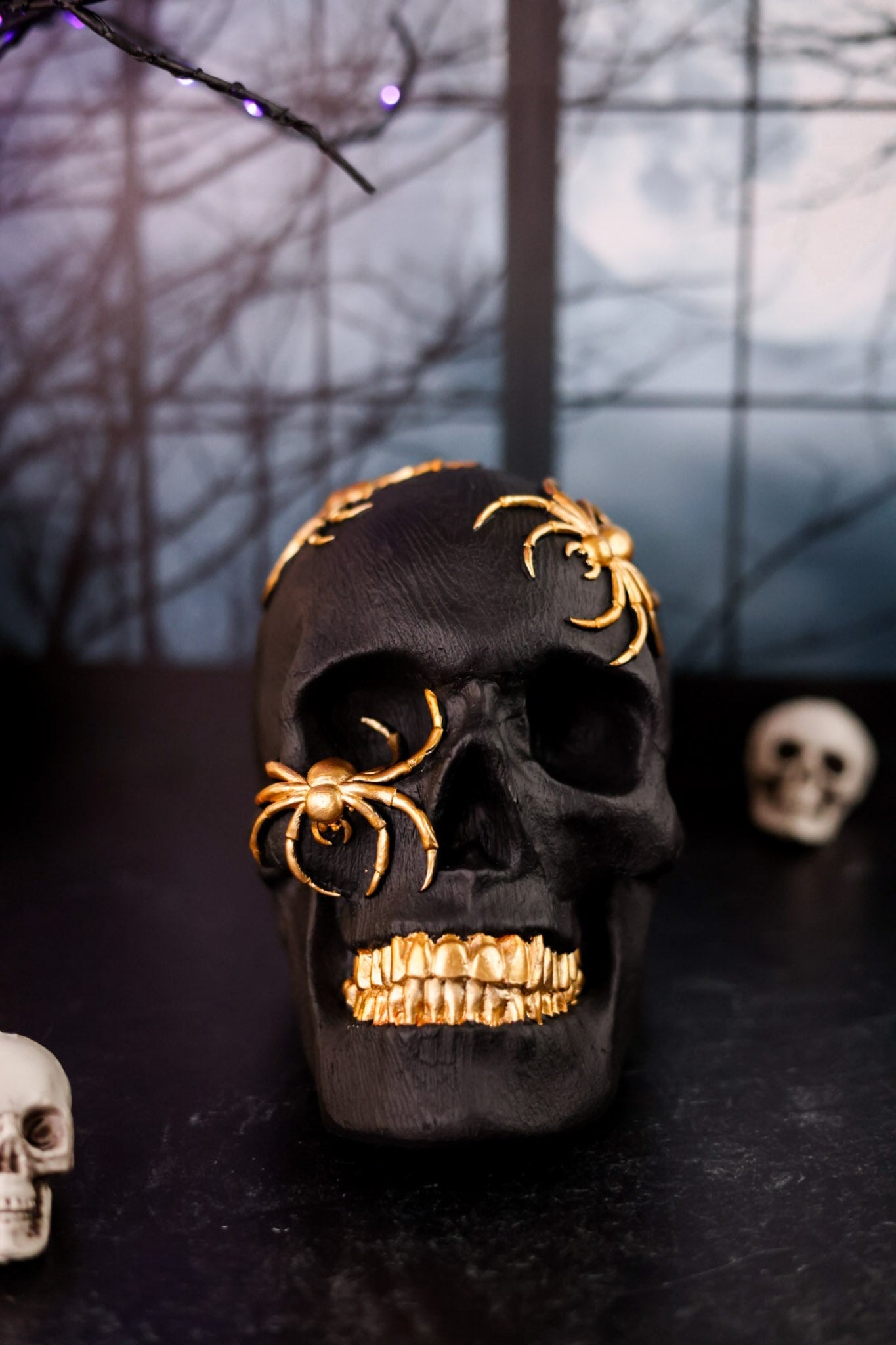 Black Resin Skull With Gold Spiders - Whiskey Skies - K&K INTERIORS