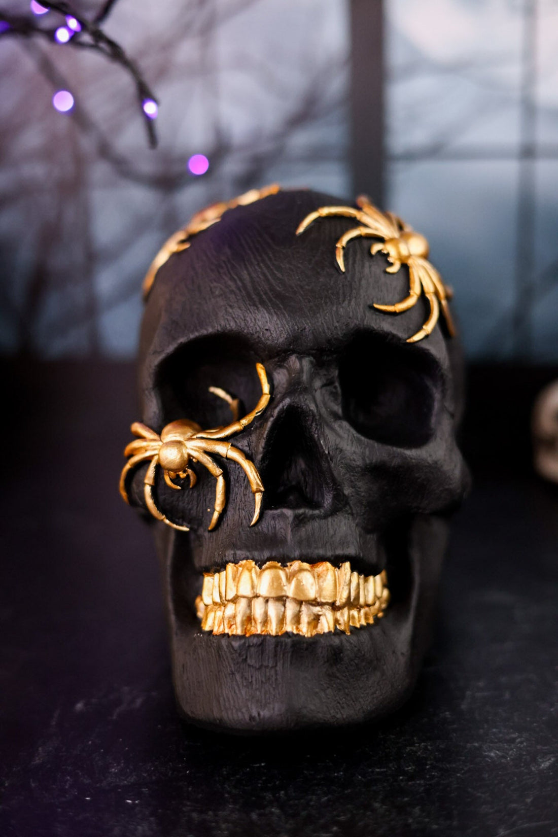 Black Resin Skull With Gold Spiders - Whiskey Skies - K&K INTERIORS
