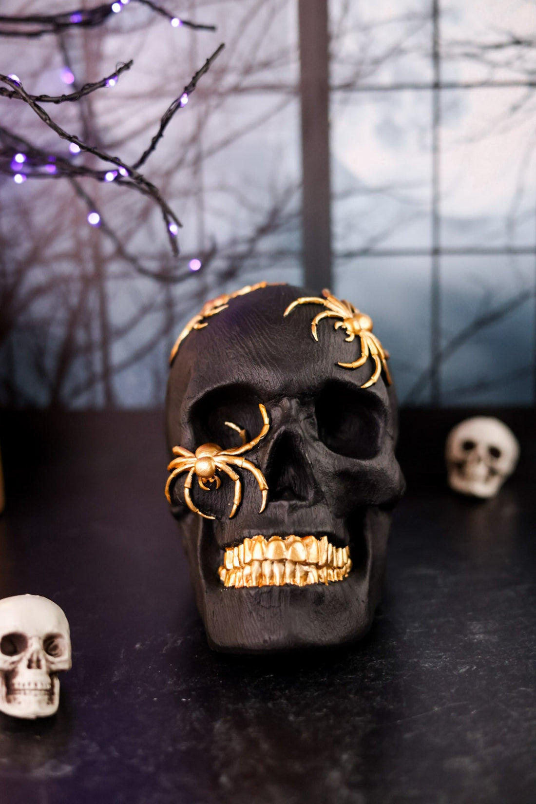 Black Resin Skull With Gold Spiders - Whiskey Skies - K&K INTERIORS