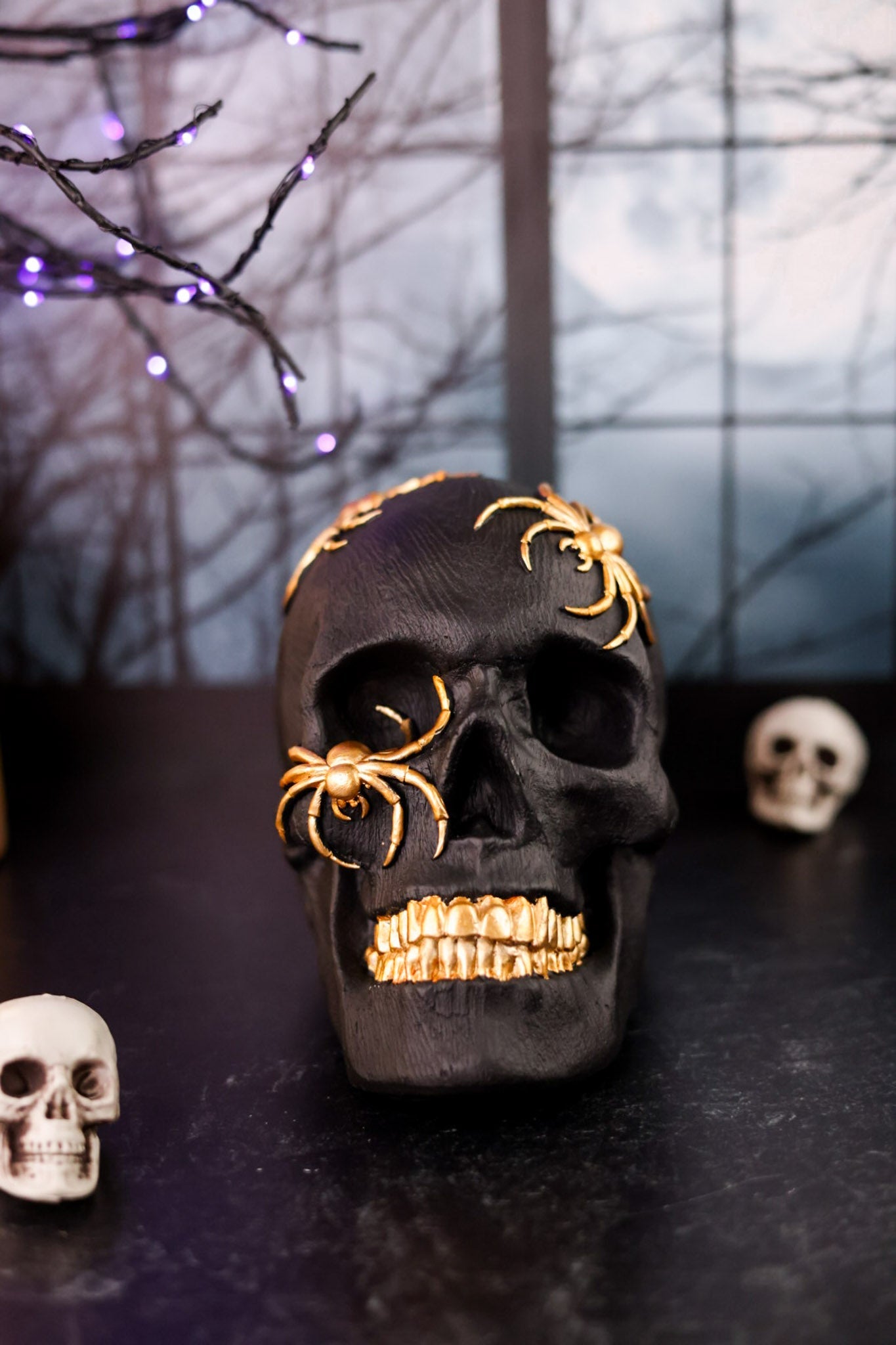 Black Resin Skull With Gold Spiders - Whiskey Skies - K&K INTERIORS