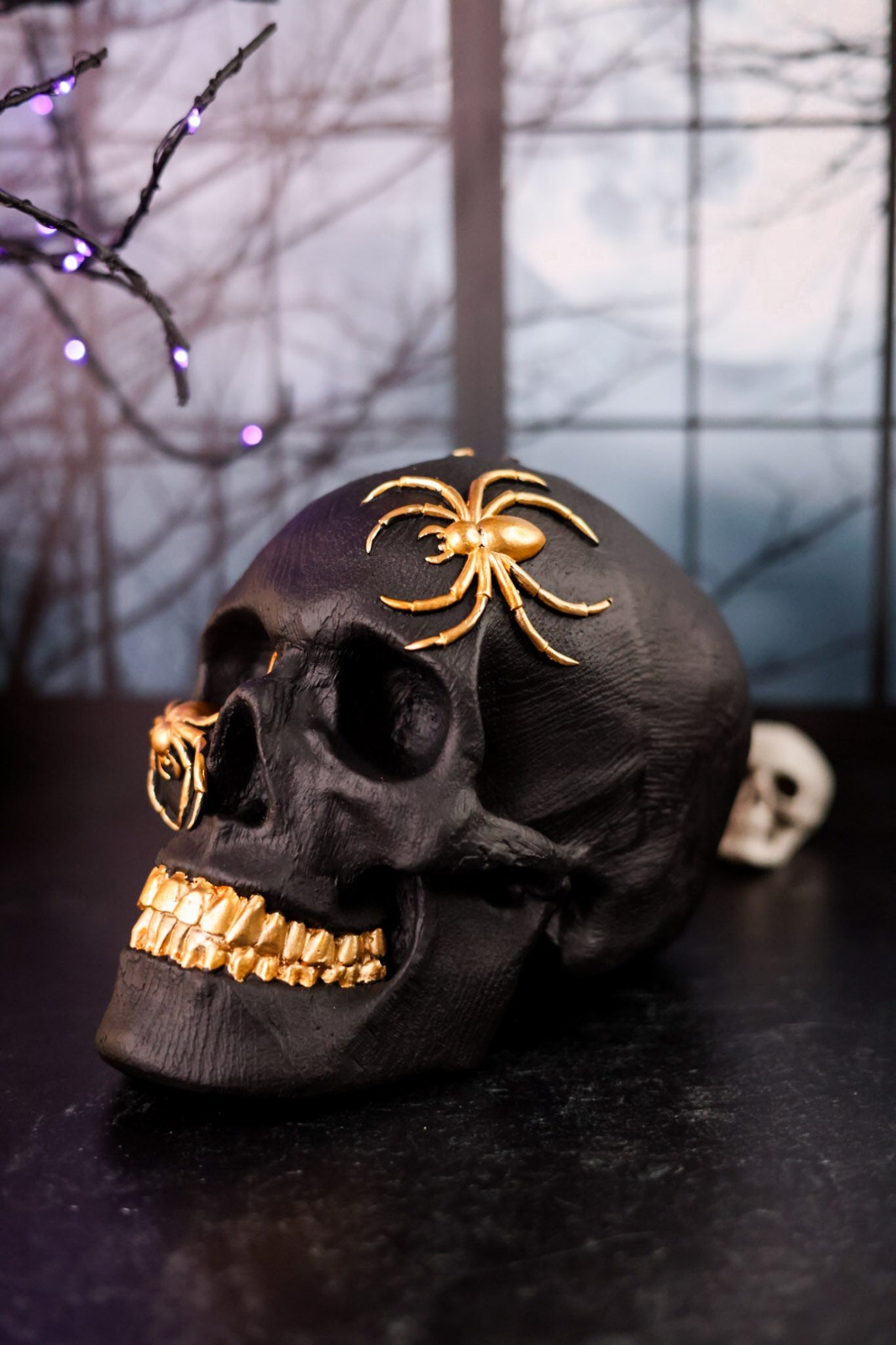 Black Resin Skull With Gold Spiders - Whiskey Skies - K&K INTERIORS