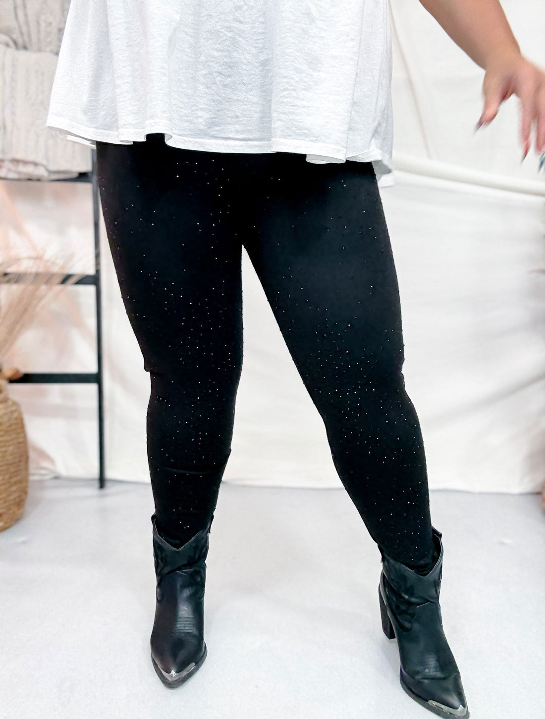 Black Rhinestone High Waist Leggings - Whiskey Skies - WHITE BIRCH