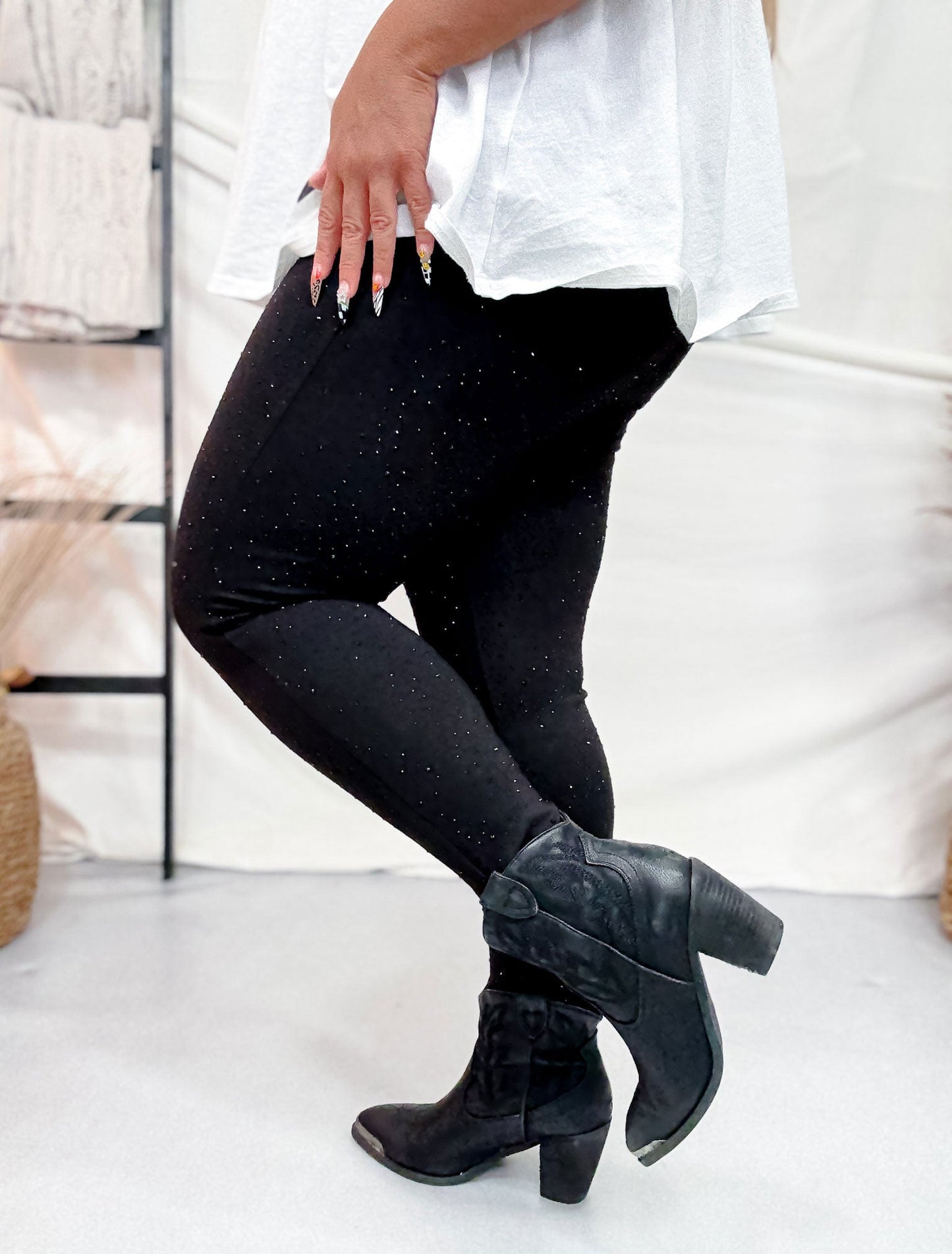 Black Rhinestone High Waist Leggings - Whiskey Skies - WHITE BIRCH
