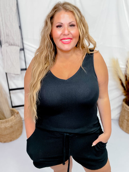 Black Rib Dream Double V - Neck Short Set - Whiskey Skies - SOFTIES