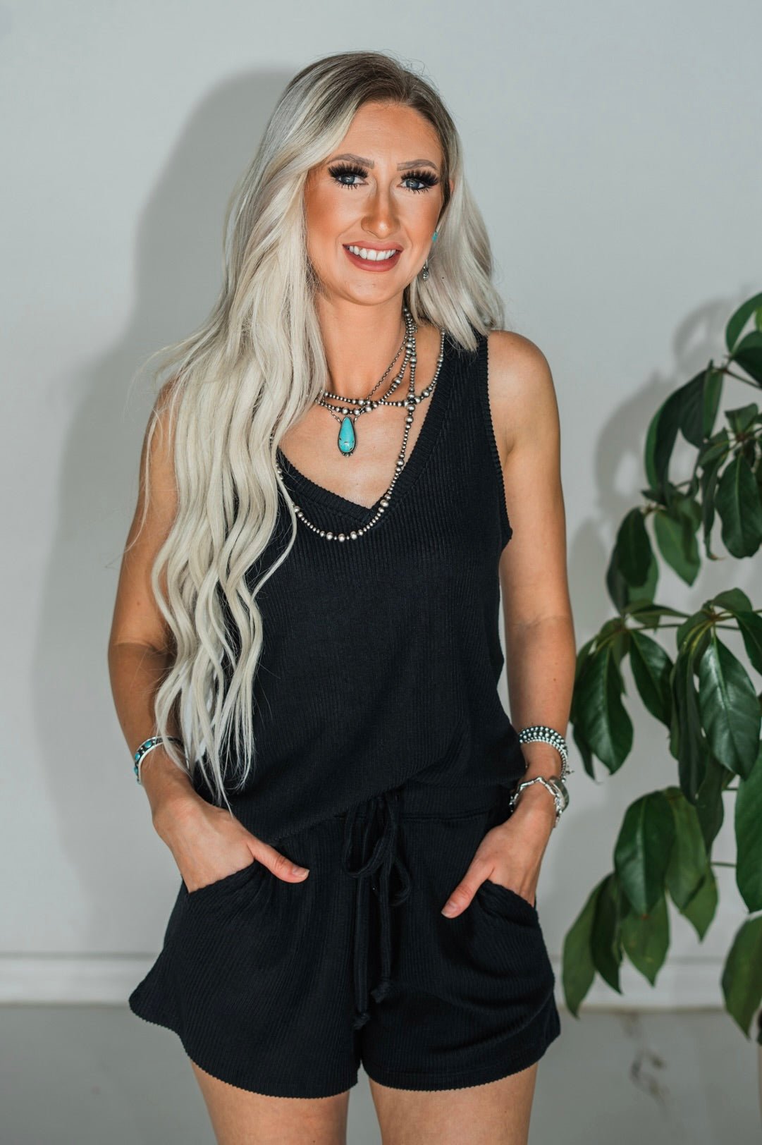 Black Rib Dream Double V - Neck Short Set - Whiskey Skies - SOFTIES