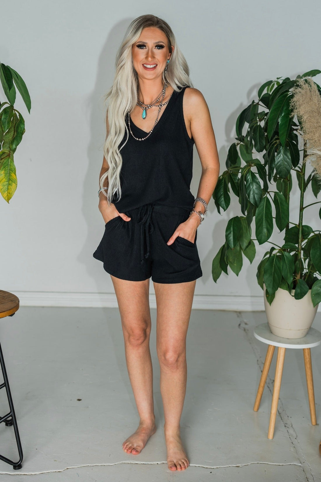 Black Rib Dream Double V - Neck Short Set - Whiskey Skies - SOFTIES