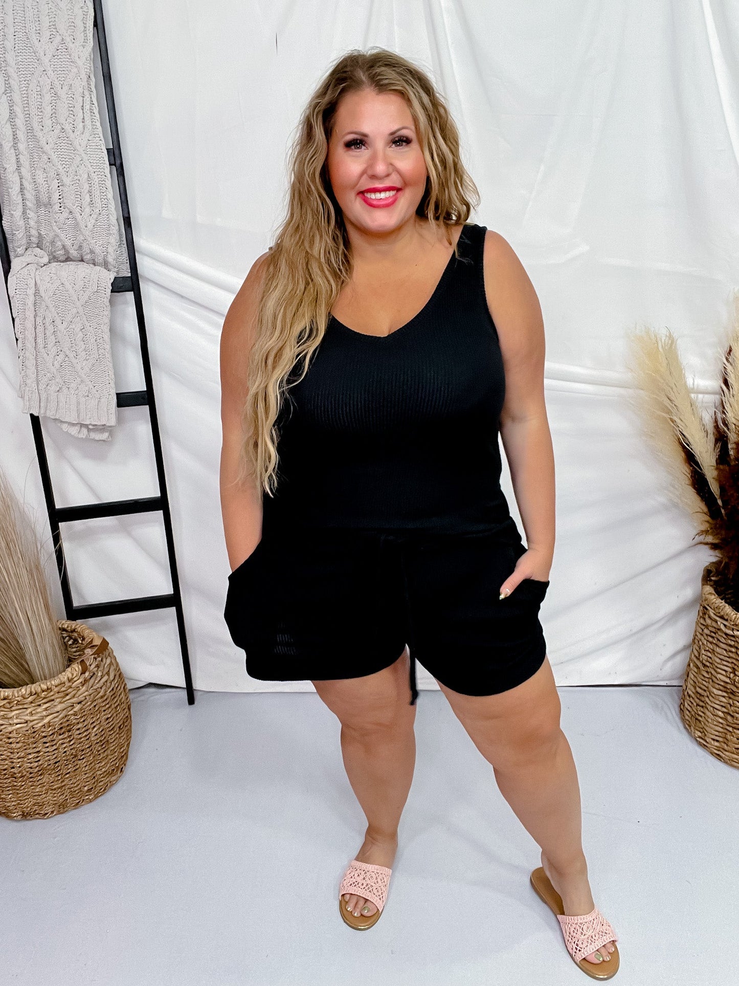 Black Rib Dream Double V - Neck Short Set - Whiskey Skies - SOFTIES